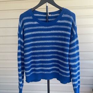 CAbi Blue and White Striped Crew Neck Sweater
